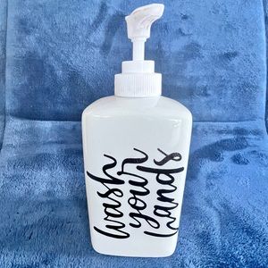 Hand Soap Dispenser; White Ceramic with “Wash Your Hands” Vinyl Graphics